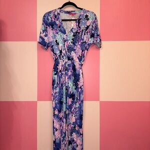 Lilly Pulitzer Blue Floral Wrap-Style jumpsuit with Pink & Mint Accents